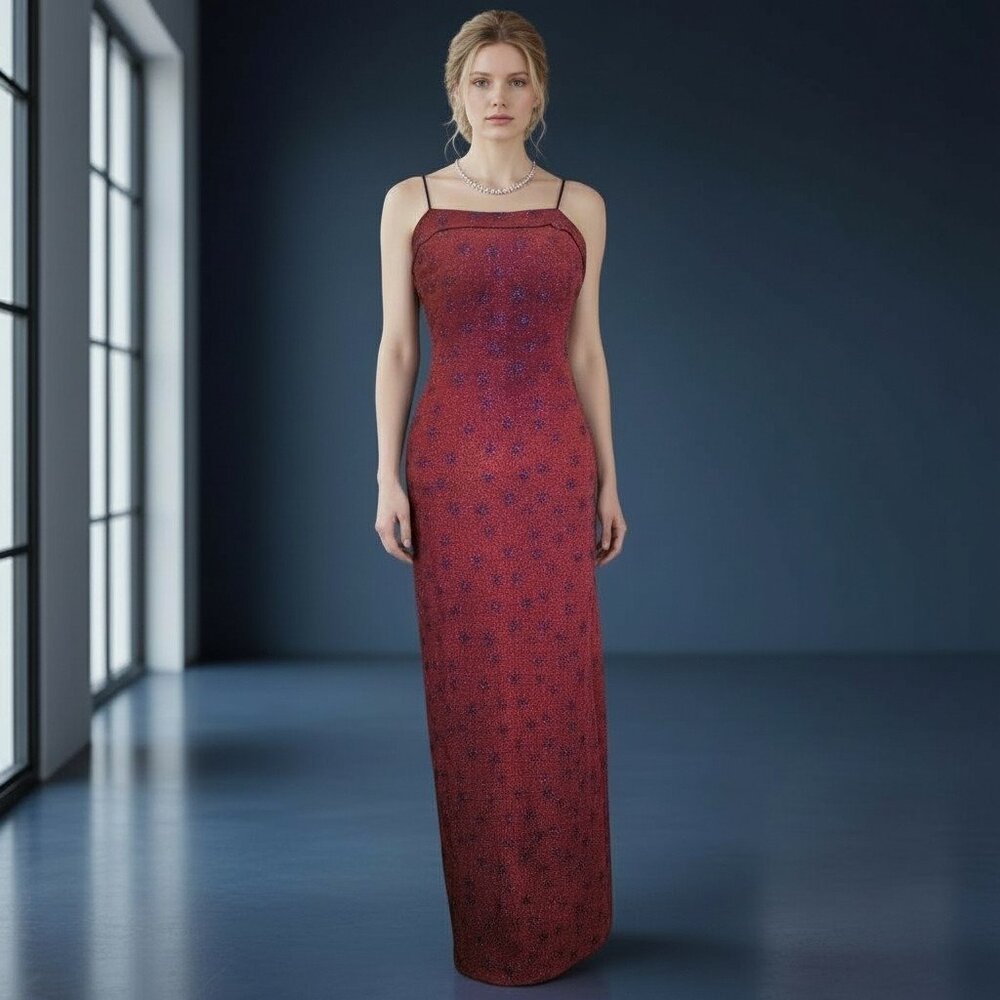 Y2K Rust Orange Long‎ Formal Dress Blue Sparkle Open Back Stretchy sz S VTG